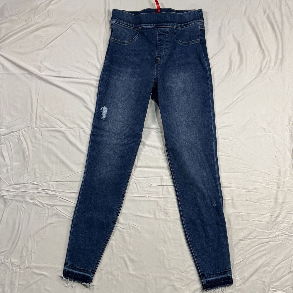 SPANX Distressed Skinny Pull‑On Jeans – Women’s Size M – Medium Wash – Raw Hem